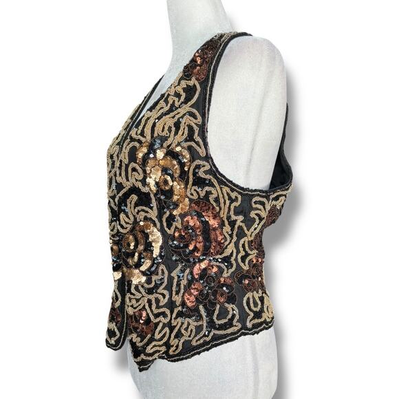 Vintage 90s Black Tie Silk Beaded Metallic Sequin Open Front Vest Gold Bronze - Picture 4 of 11